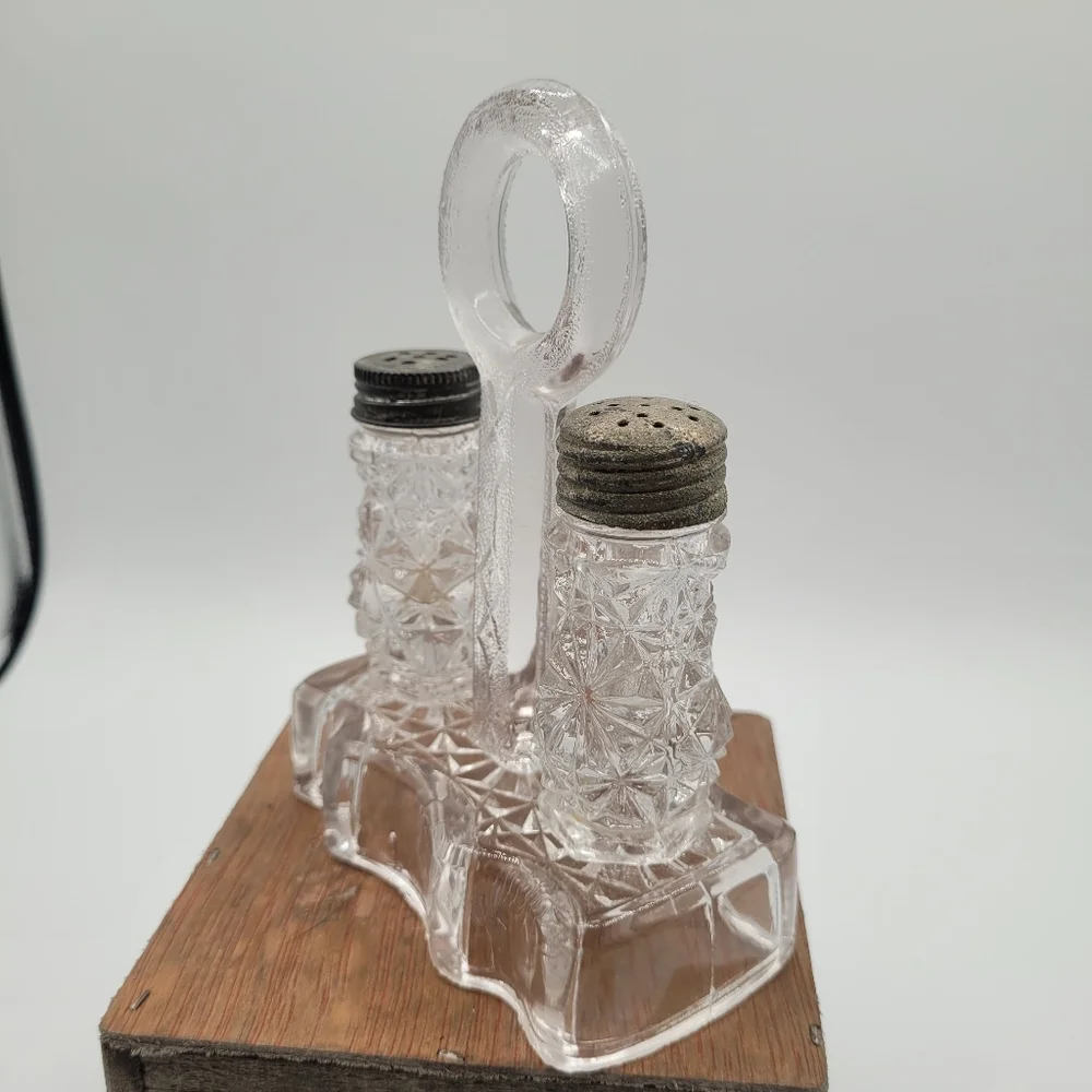 ANTIQUE CUT GLASS SALT AND PEPPER SHAKERS WITH GLASS STAND  HOLDER‎